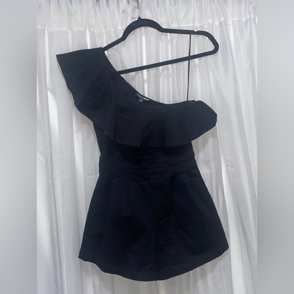 Fashion Nova Black Denim One-Shoulder Romper